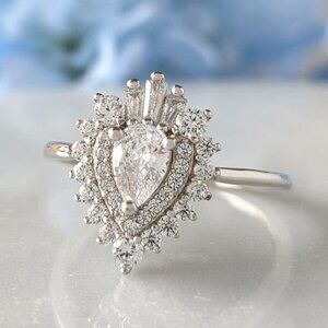 Vintage Style Edwardian Pear Halo Ring - 925 Sterling Silver  Art Deco